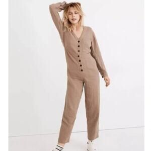 Madewell Lightspun Stitched-Pocket Brown Jumpsuit coverall size Small